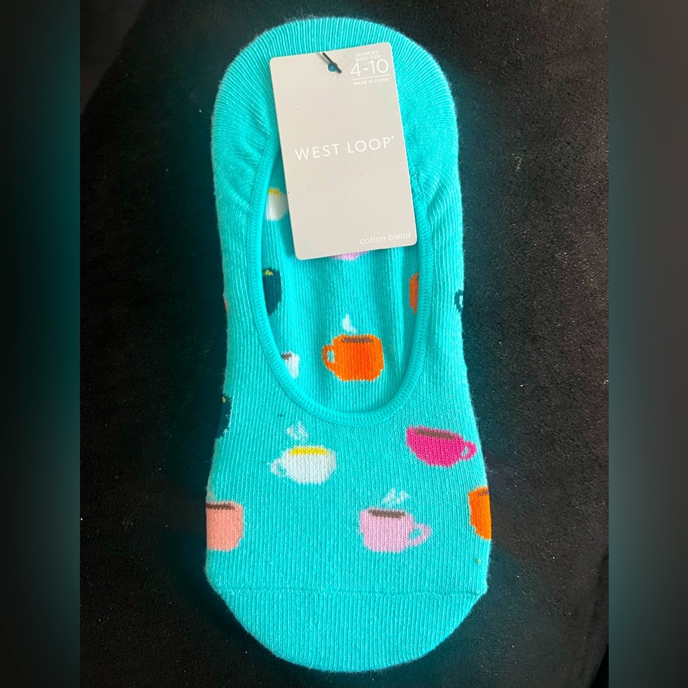 West Loop No-Show Women’s Turquoise Cotton Sock w/ Coffee Pattern Size 4-10 NWT